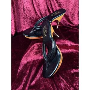 Vintage Shoes 1950s Wood Platform Thong Heels Black Leather Size 7 Shoes By Paul